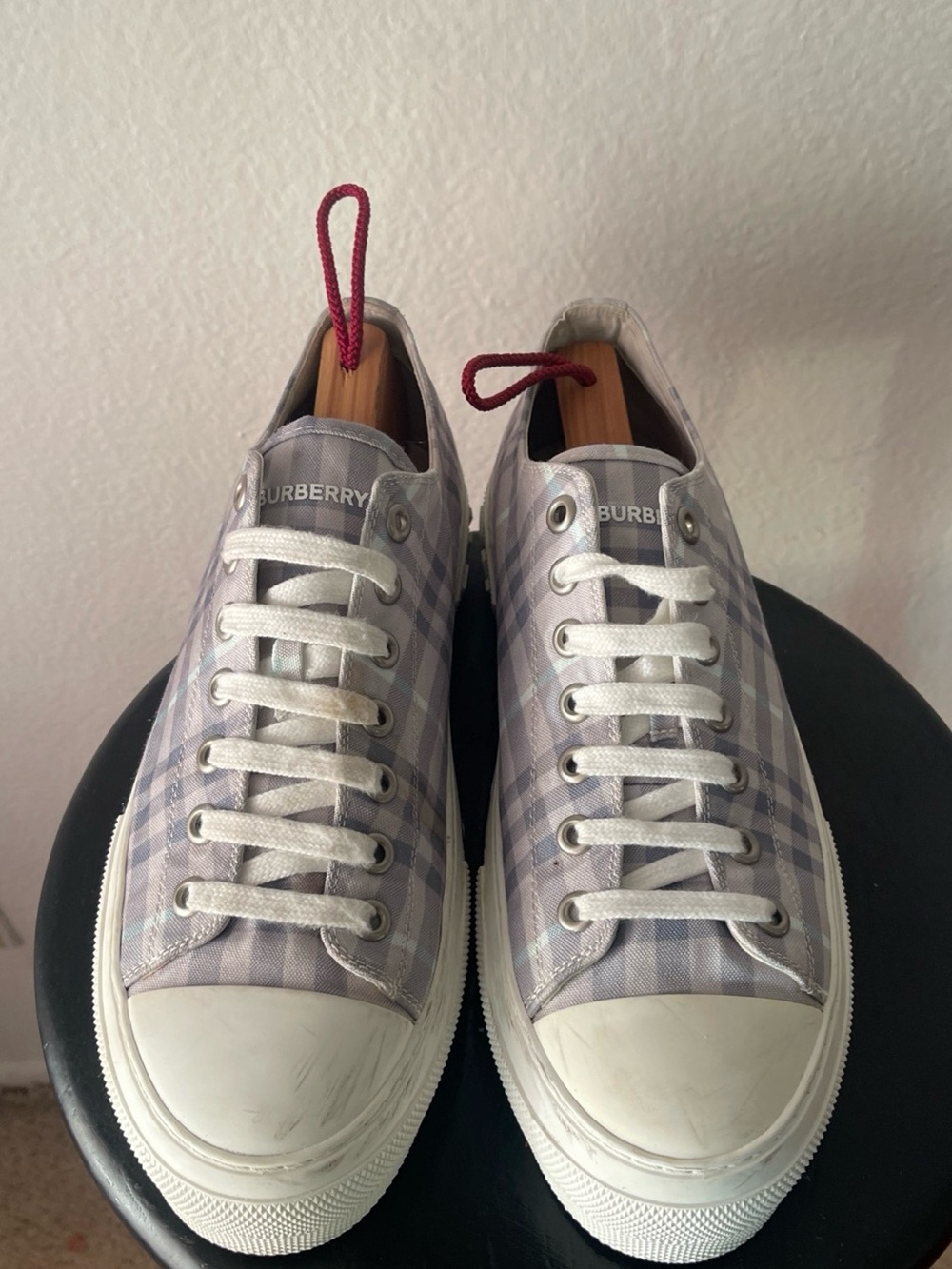 Burberry Men’s Light Gray Check Cotton Sneakers with White Soles